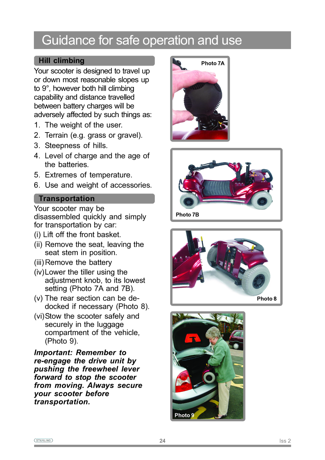 Sterling Power Products Scooter owner manual Hill climbing, Transportation 