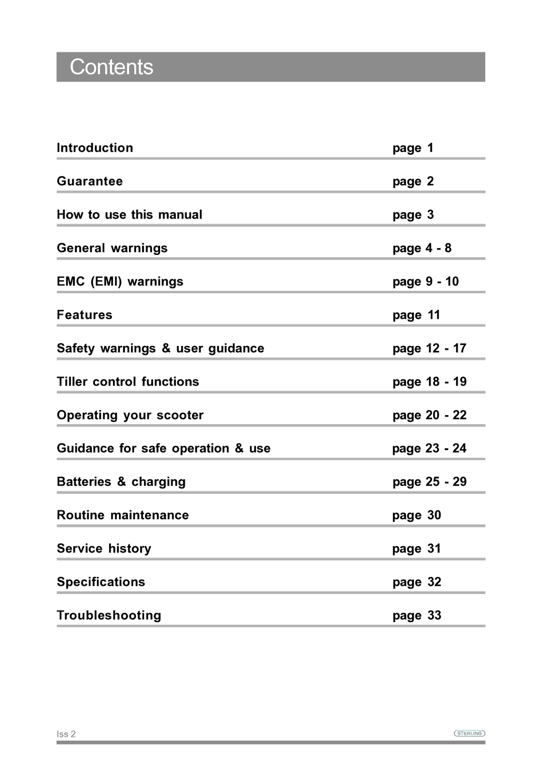 Sterling Power Products Scooter owner manual Contents 