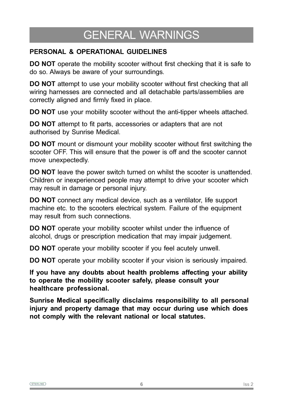 Sterling Power Products Scooter owner manual General Warnings 