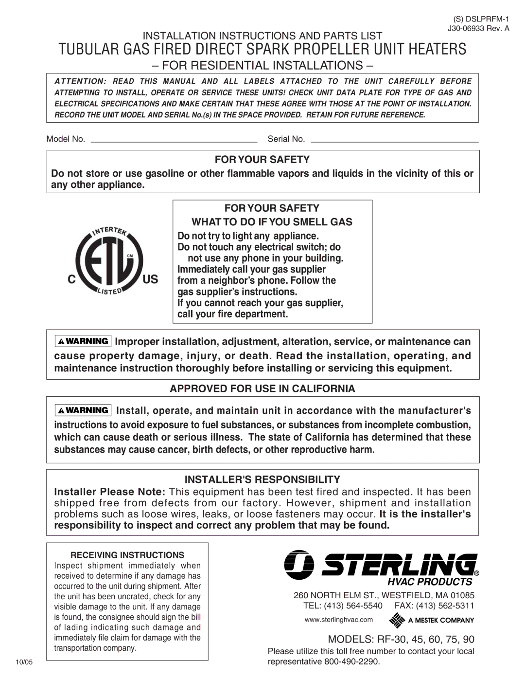 Sterling RF-90, RF-60, RF-75 specifications Tubular GAS Fired Direct Spark Propeller Unit Heaters, Receiving Instructions 