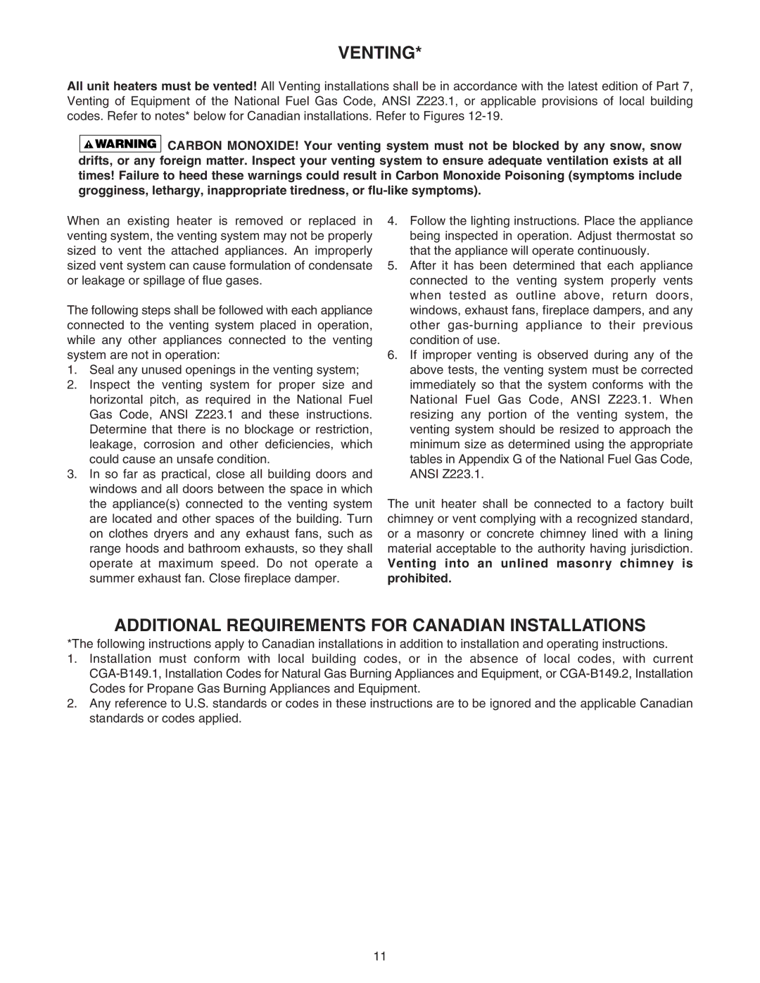 Sterling RF-90, RF-60, RF-75, RF-45, RF-30 specifications Venting, Additional Requirements for Canadian Installations 