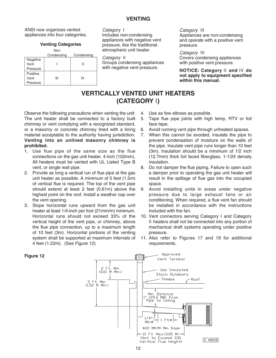 Sterling RF-75, RF-60, RF-90 Vertically Vented Unit Heaters Category, Venting Categories, Not apply to equipment specified 