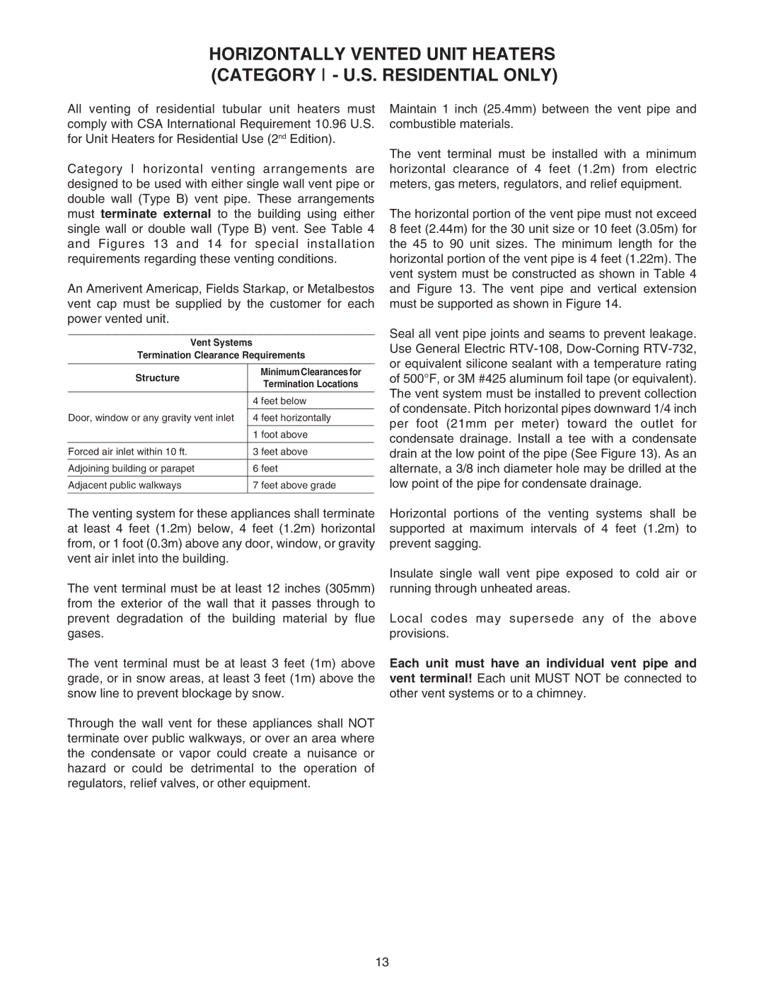 Sterling RF-45, RF-60, RF-90, RF-75, RF-30 specifications Vent Systems Termination Clearance Requirements Structure 