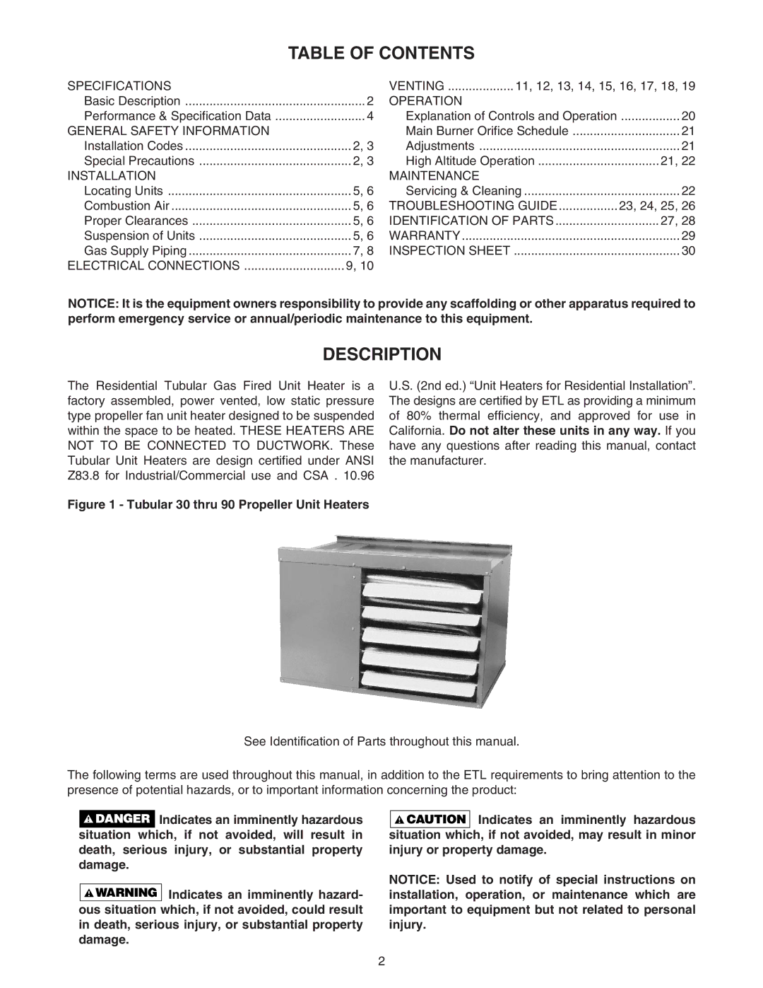 Sterling RF-75, RF-60, RF-90, RF-45, RF-30 specifications Table of Contents, Description 