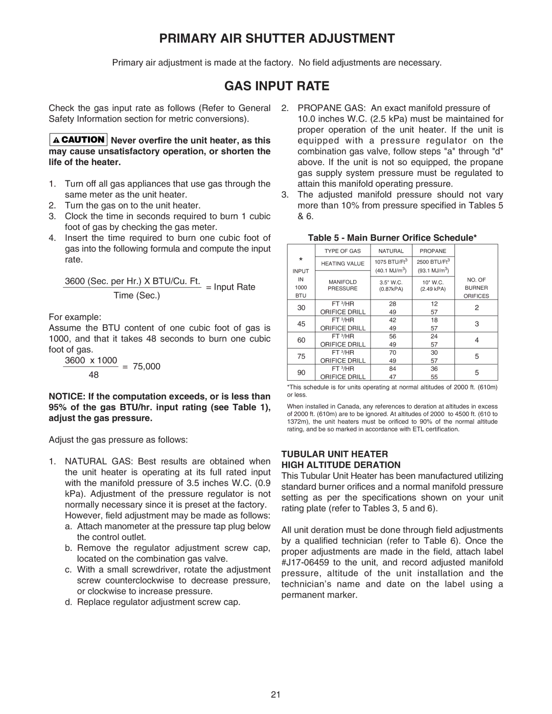 Sterling RF-90, RF-60, RF-75, RF-45, RF-30 Primary AIR Shutter Adjustment, GAS Input Rate, Main Burner Orifice Schedule 