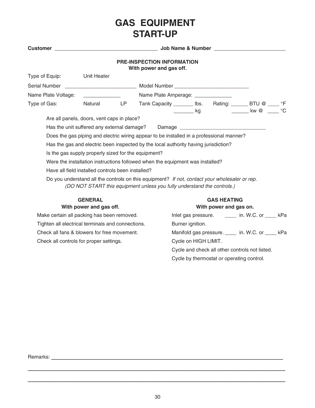 Sterling RF-60, RF-90 PRE-INSPECTION Information, With power and gas off, General, GAS Heating, With power and gas on 
