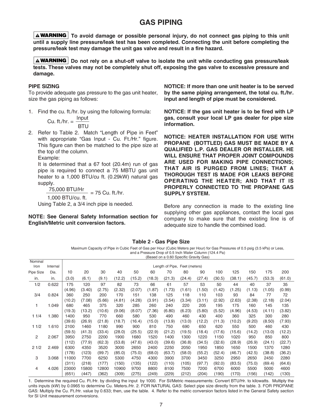 Sterling RF-75, RF-60, RF-90, RF-45, RF-30 specifications GAS Piping, Pipe Sizing, Gas Pipe Size 