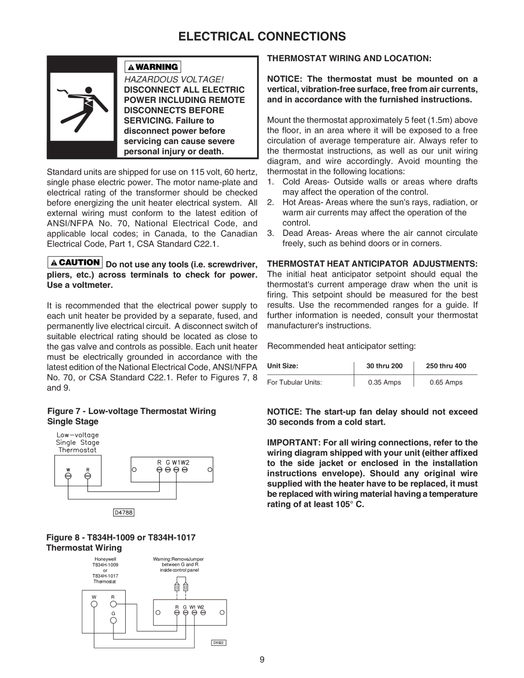 Sterling RF-30, RF-60, RF-90, RF-75, RF-45 specifications Electrical Connections, Thermostat Wiring and Location 