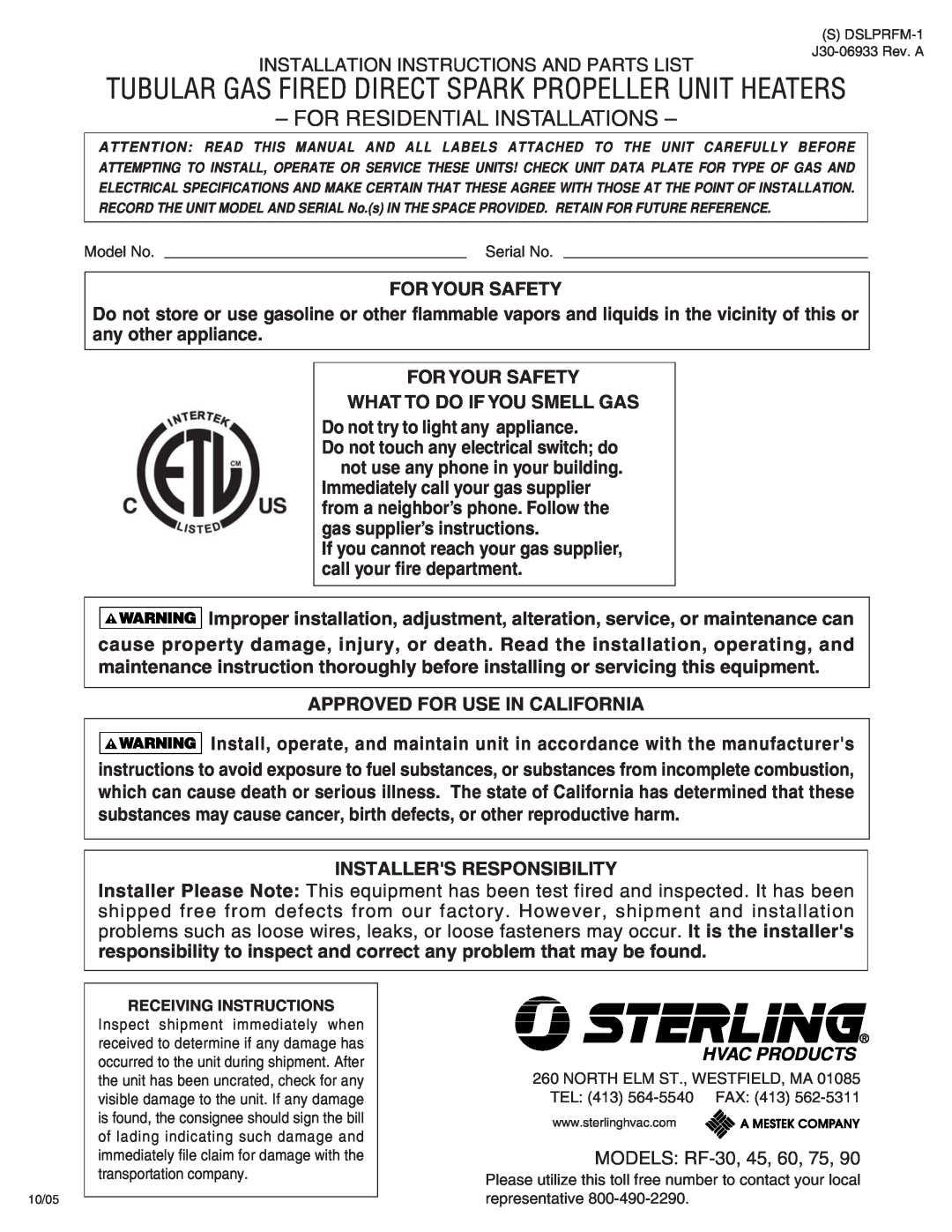 Sterling RF-90, RF-60 specifications For Your Safety What To Do If You Smell Gas, Do not try to light any appliance 