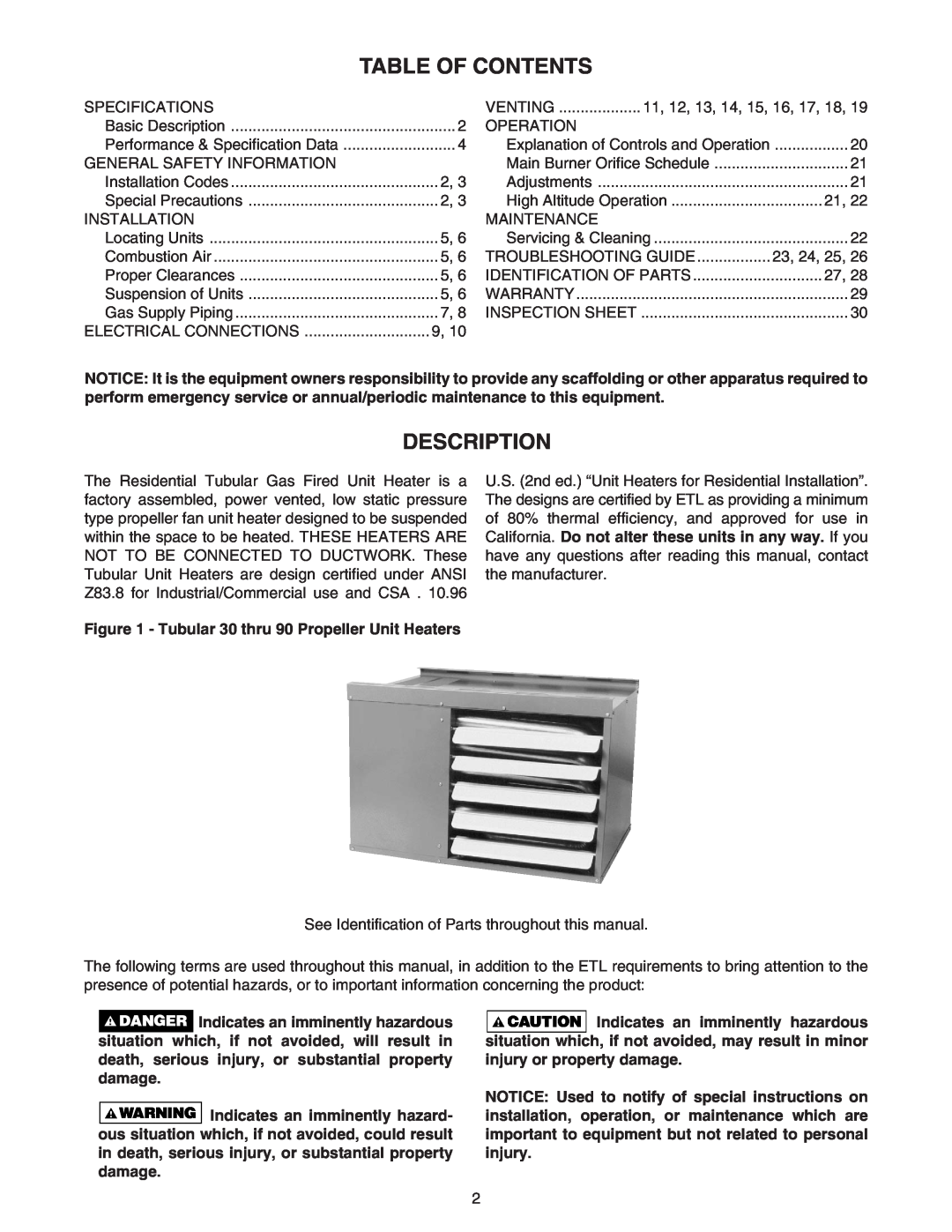 Sterling RF-75, RF-60, RF-90, RF-45, RF-30 specifications Table Of Contents, Description 