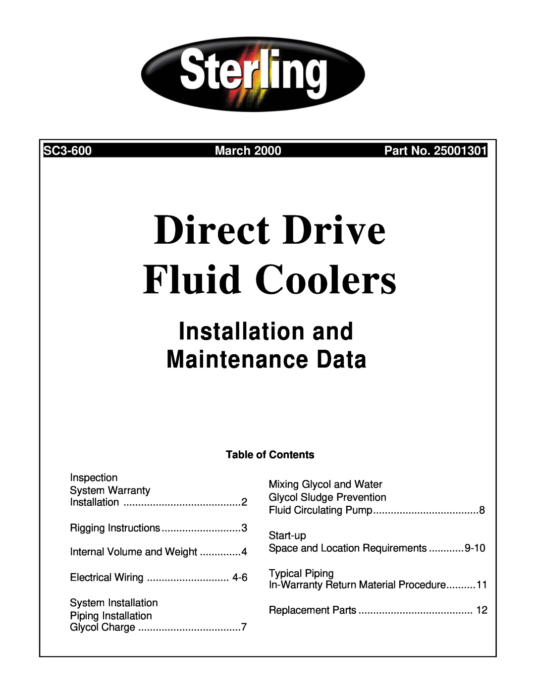 Sterling 25001301 warranty Table of Contents, Direct Drive Fluid Coolers, Installation and Maintenance Data, SC3-600 