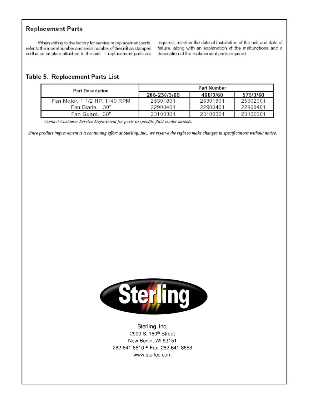 Sterling SC3-600, 25001301 warranty Sterling, Inc, 2900 S. 160th Street New Berlin, WI 