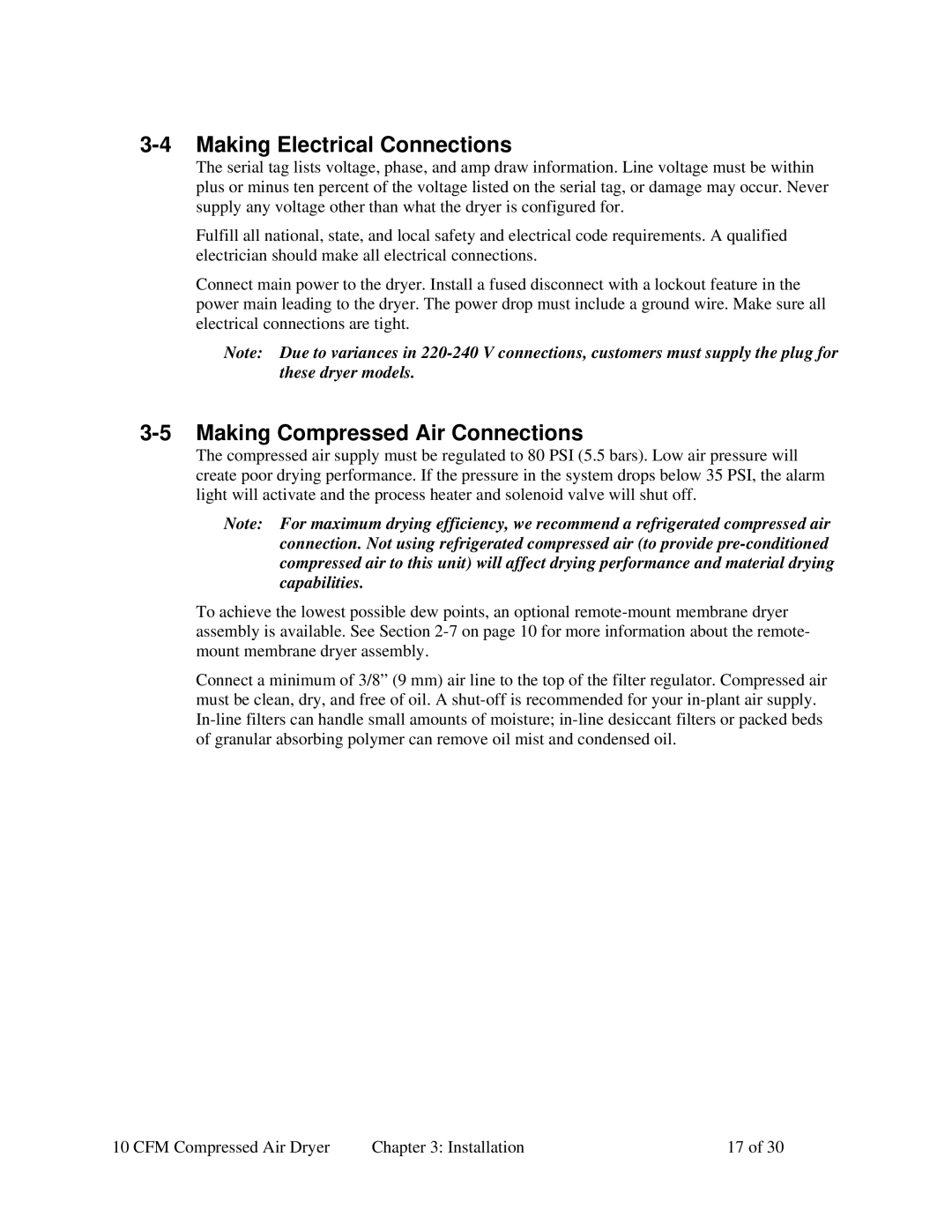 Sterling SCD 10 specifications Making Electrical Connections, Making Compressed Air Connections 