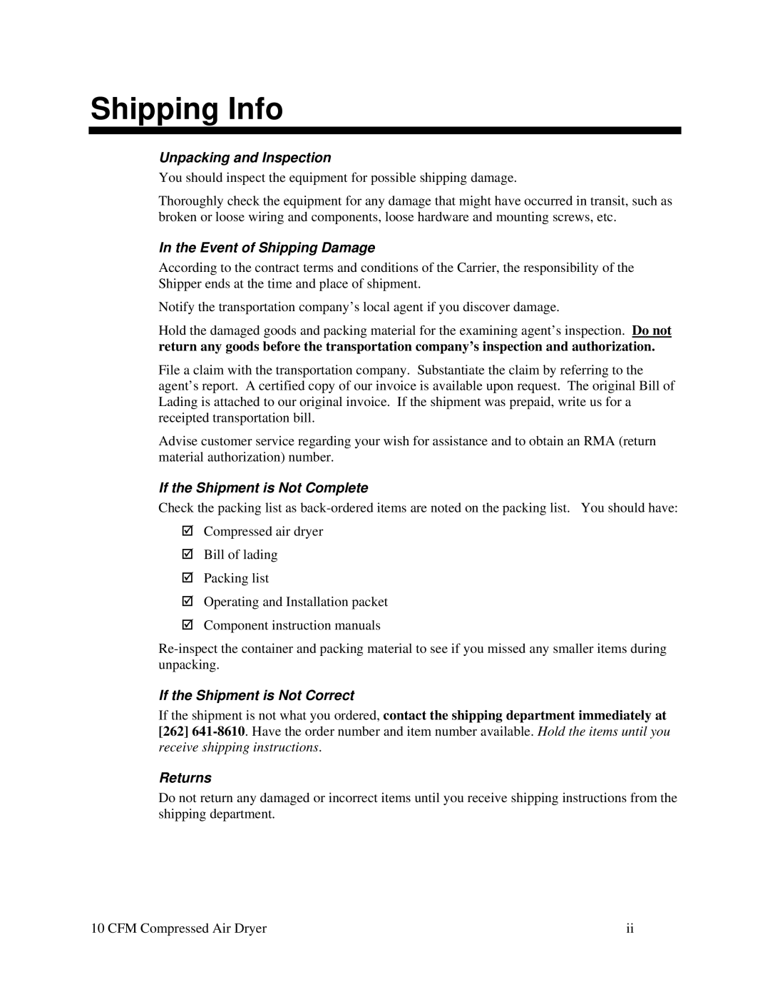 Sterling SCD 10 specifications Shipping Info 