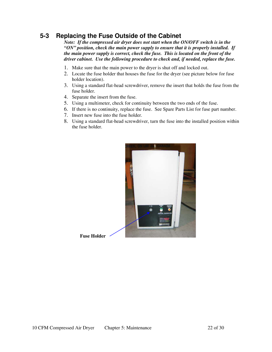 Sterling SCD 10 specifications Replacing the Fuse Outside of the Cabinet 