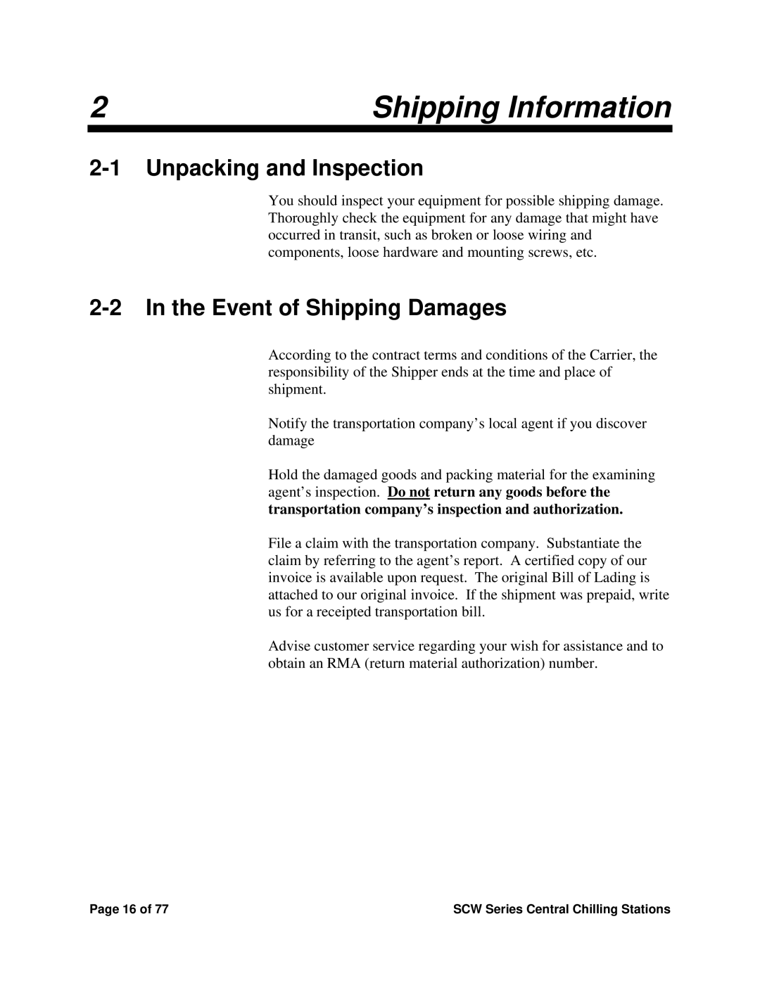 Sterling SCW Series installation manual Unpacking and Inspection, Event of Shipping Damages 