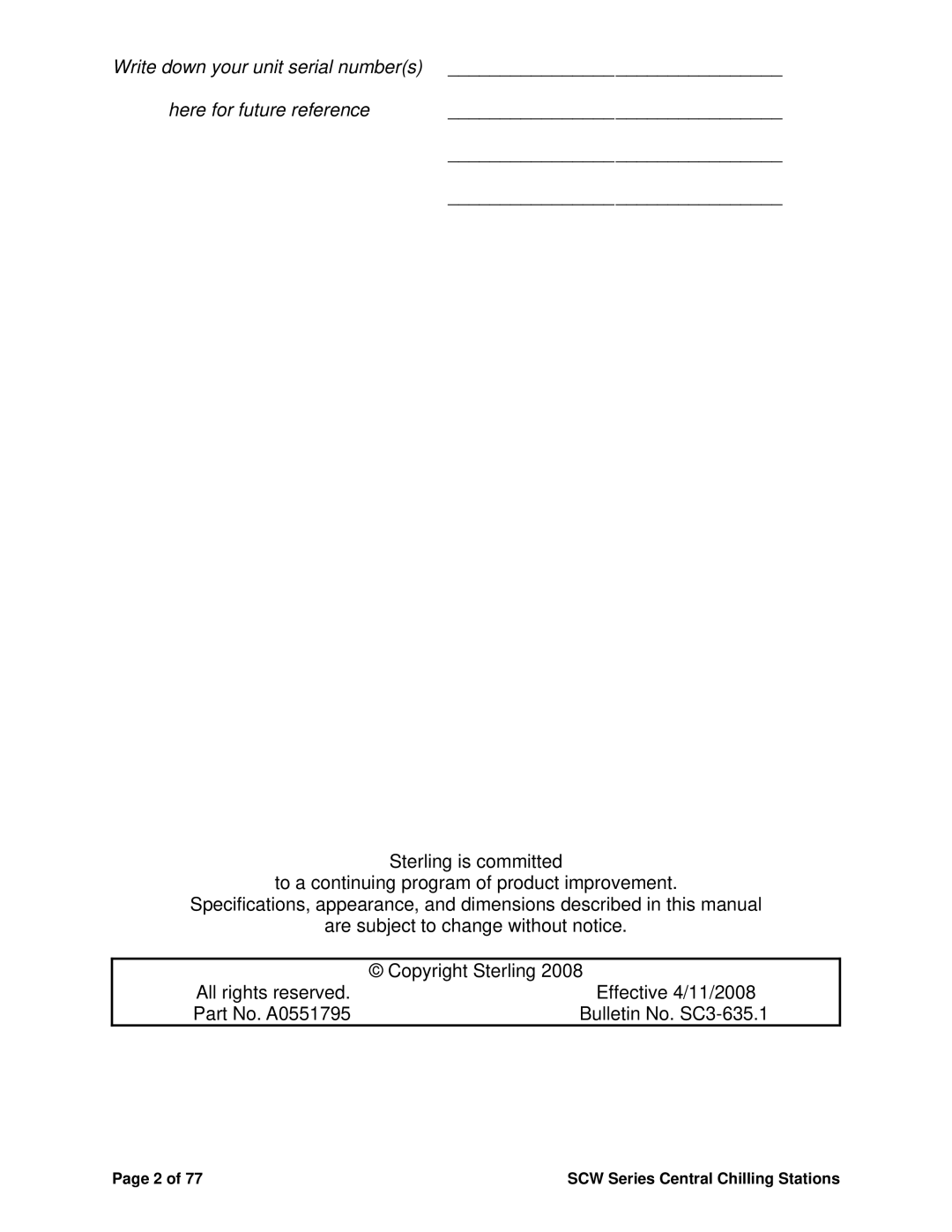 Sterling installation manual SCW Series Central Chilling Stations 