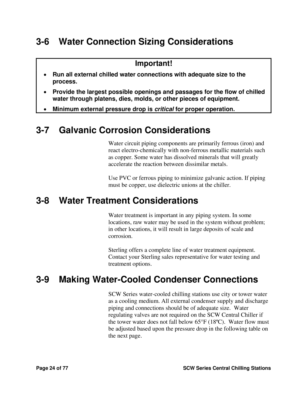 Sterling SCW Series installation manual Water Connection Sizing Considerations, Galvanic Corrosion Considerations 