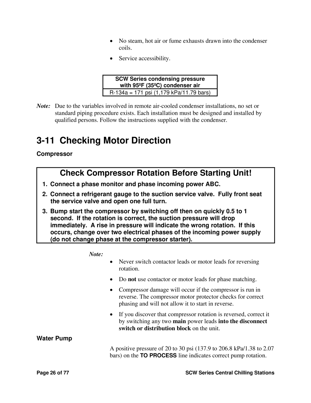 Sterling SCW Series installation manual Checking Motor Direction, Compressor, Water Pump 