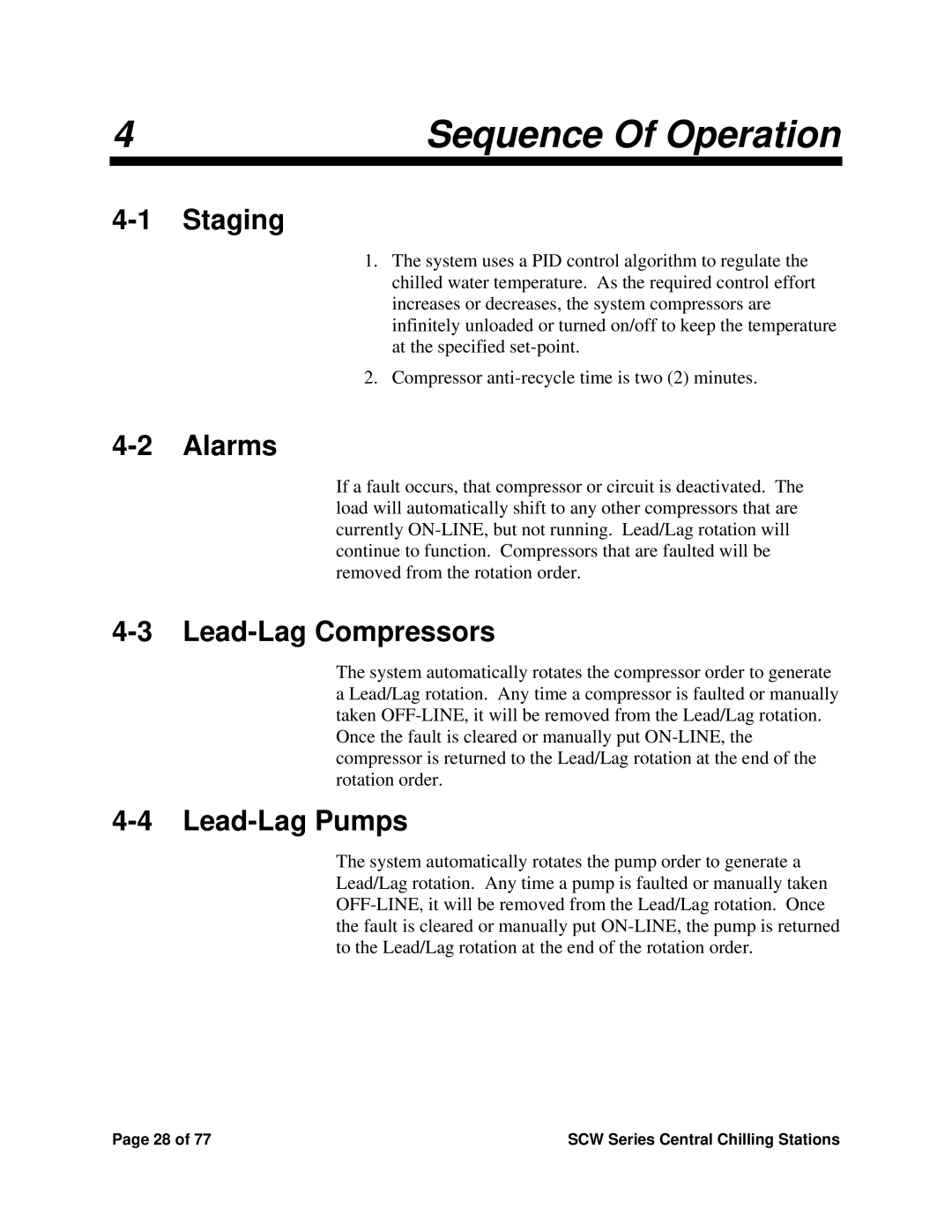 Sterling SCW Series installation manual Staging, Alarms, Lead-Lag Compressors, Lead-Lag Pumps 