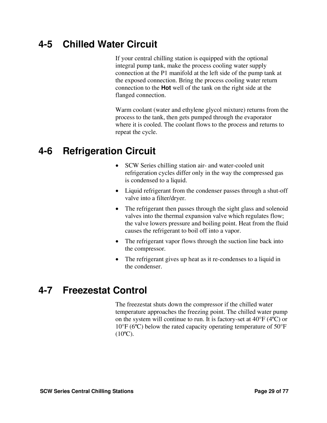 Sterling SCW Series installation manual Chilled Water Circuit, Refrigeration Circuit, Freezestat Control 