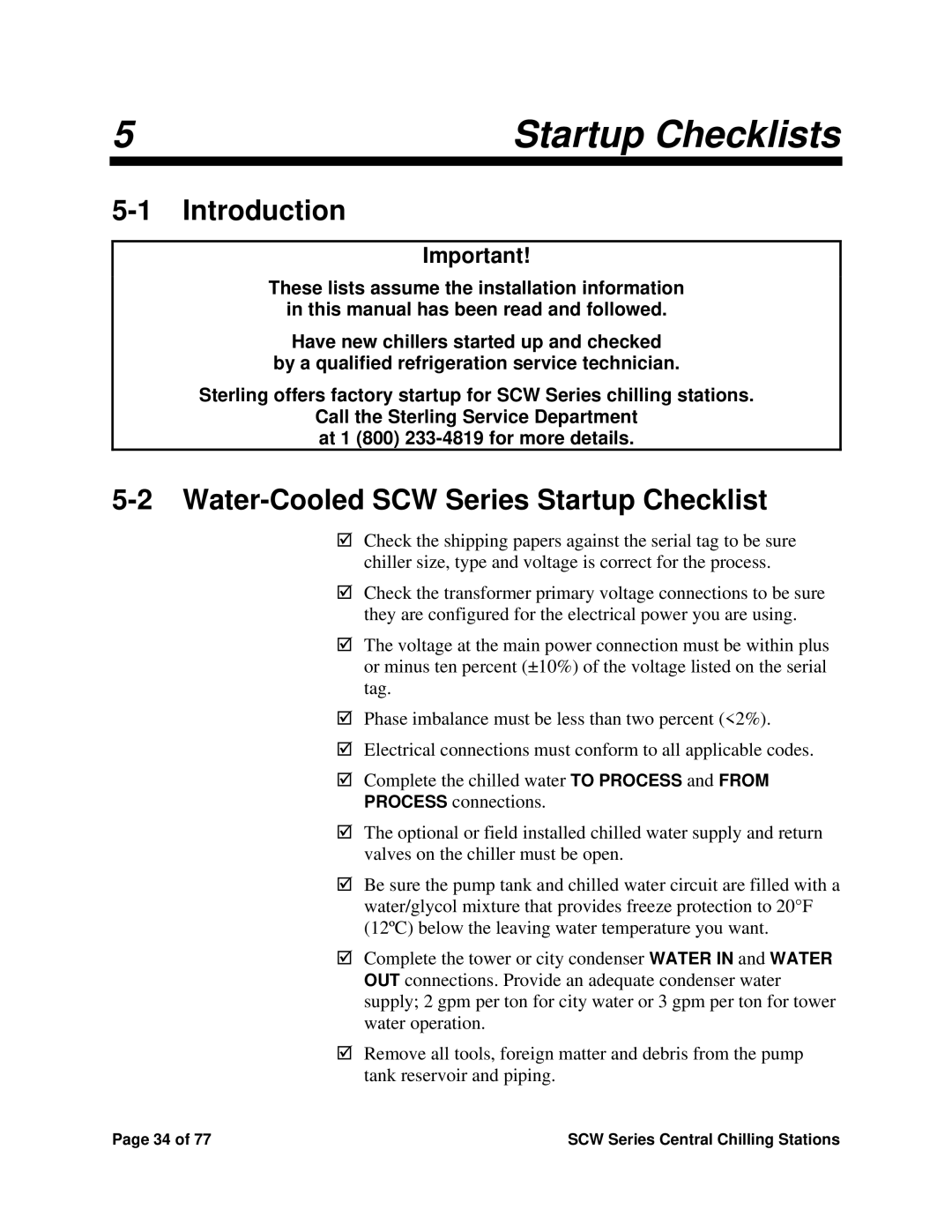 Sterling installation manual Startup Checklists, Water-Cooled SCW Series Startup Checklist 