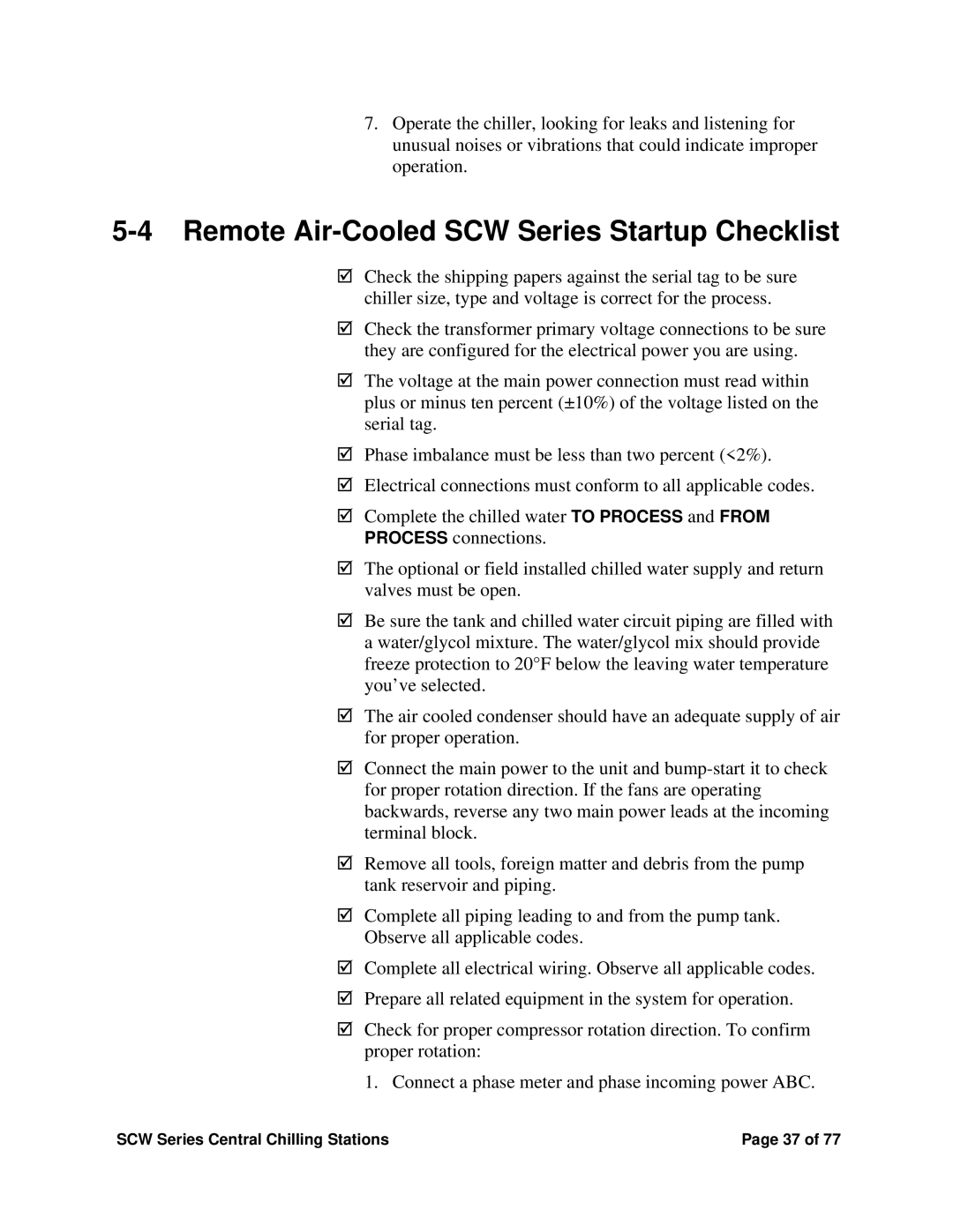 Sterling installation manual Remote Air-Cooled SCW Series Startup Checklist 