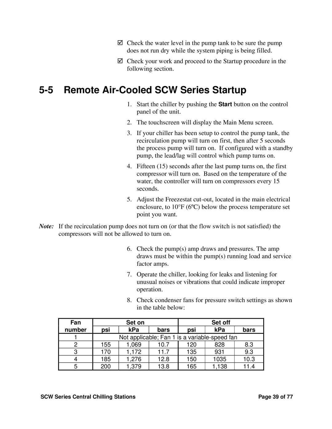 Sterling installation manual Remote Air-Cooled SCW Series Startup, Fan Set on Set off Number Psi KPa Bars 