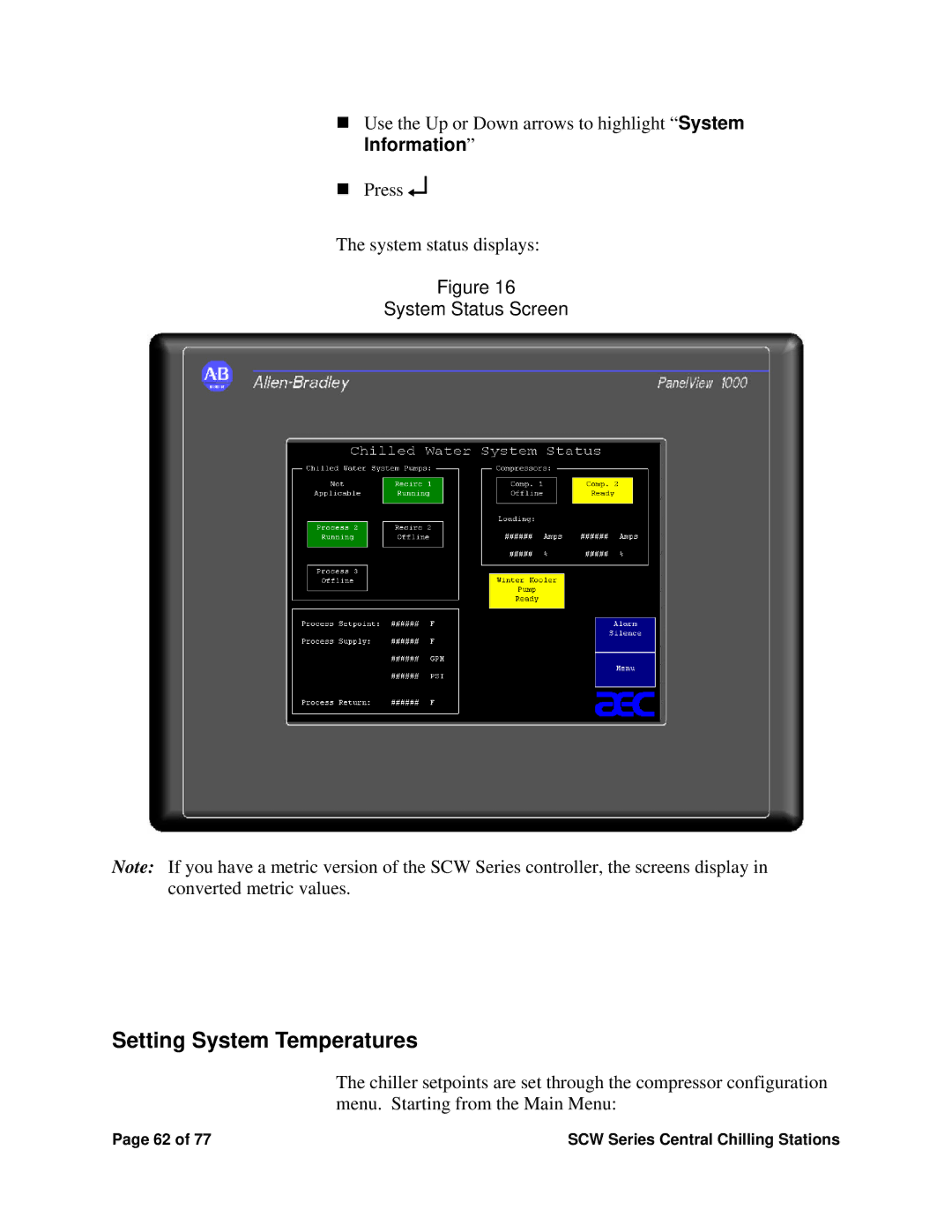 Sterling SCW Series installation manual System Status Screen 