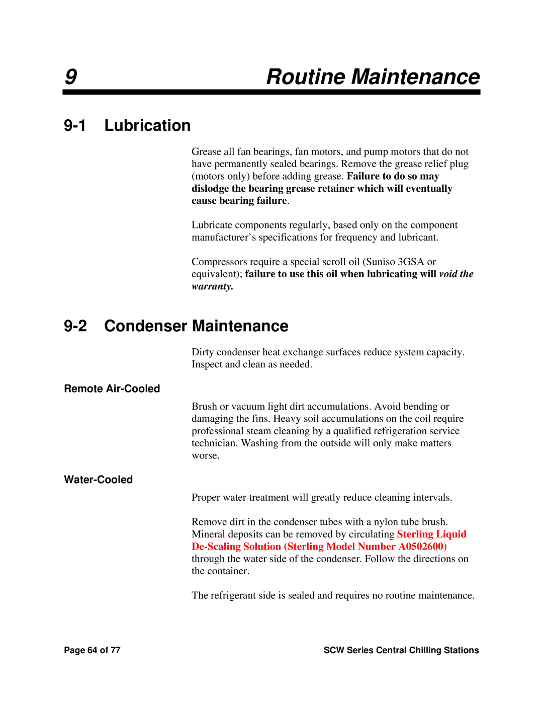 Sterling SCW Series installation manual Lubrication, Condenser Maintenance, Remote Air-Cooled, Water-Cooled 