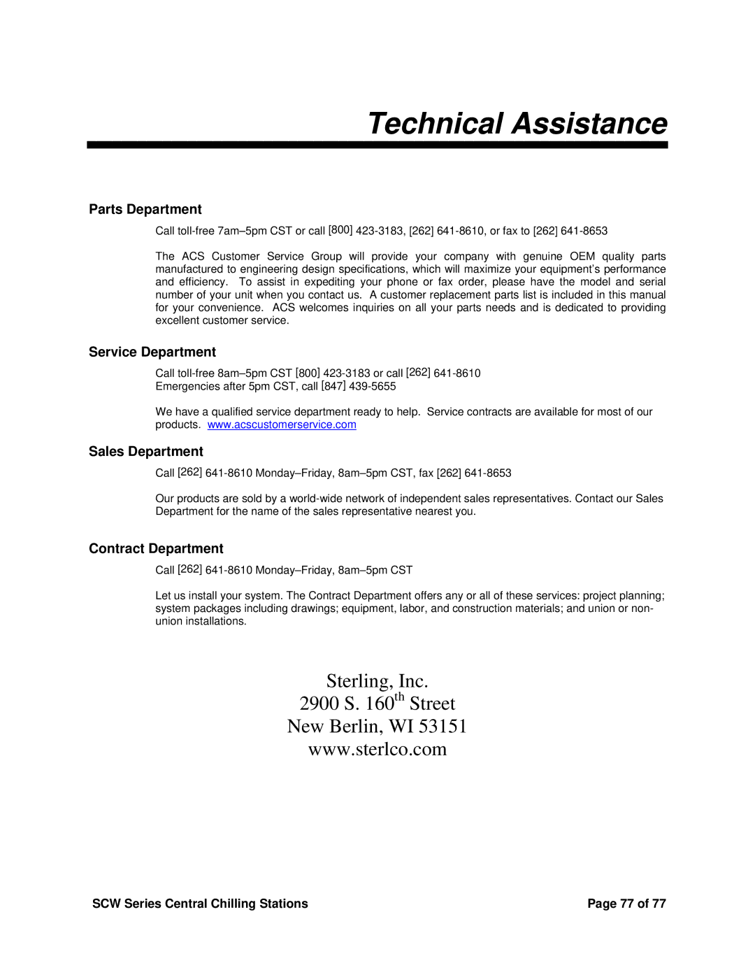 Sterling SCW Series installation manual Technical Assistance, Parts Department 