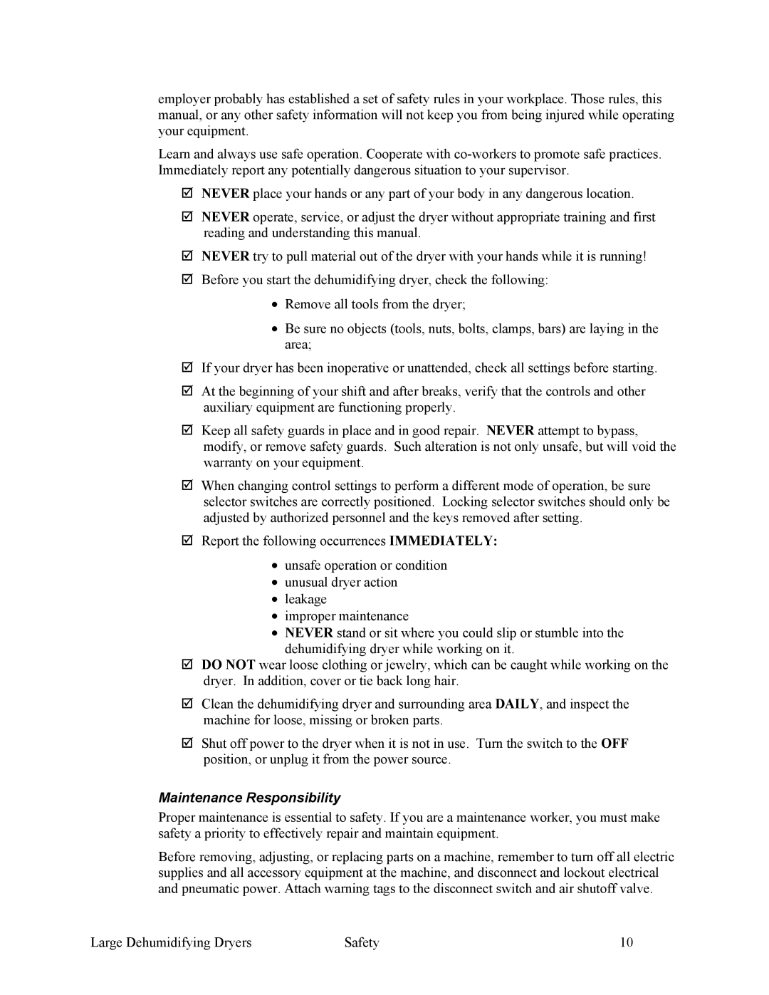 Sterling SDA 1000-5100 specifications Maintenance Responsibility 