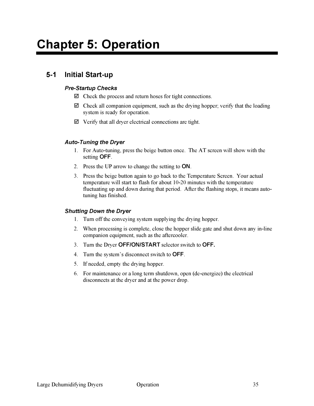 Sterling SDA 1000-5100 Operation, Initial Start-up, Pre-Startup Checks, Auto-Tuning the Dryer, Shutting Down the Dryer 