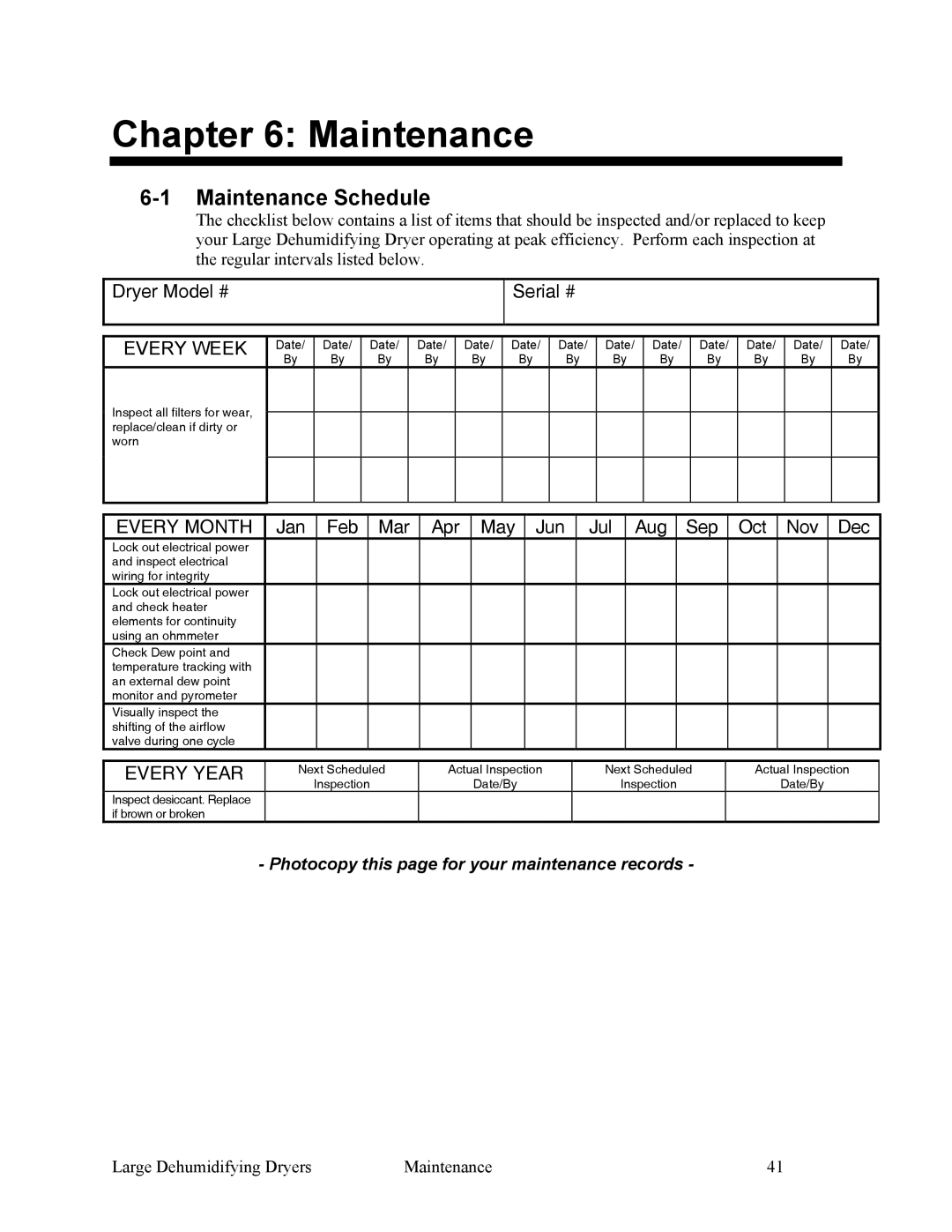 Sterling SDA 1000-5100 specifications Maintenance Schedule, Photocopy this page for your maintenance records 