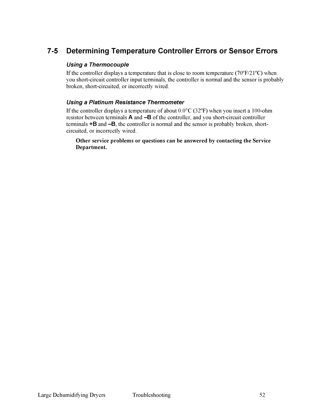 Sterling SDA 1000-5100 specifications Determining Temperature Controller Errors or Sensor Errors, Using a Thermocouple 