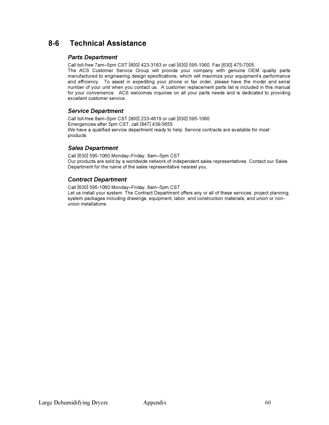 Sterling SDA 1000-5100 Technical Assistance, Parts Department, Service Department, Sales Department, Contract Department 