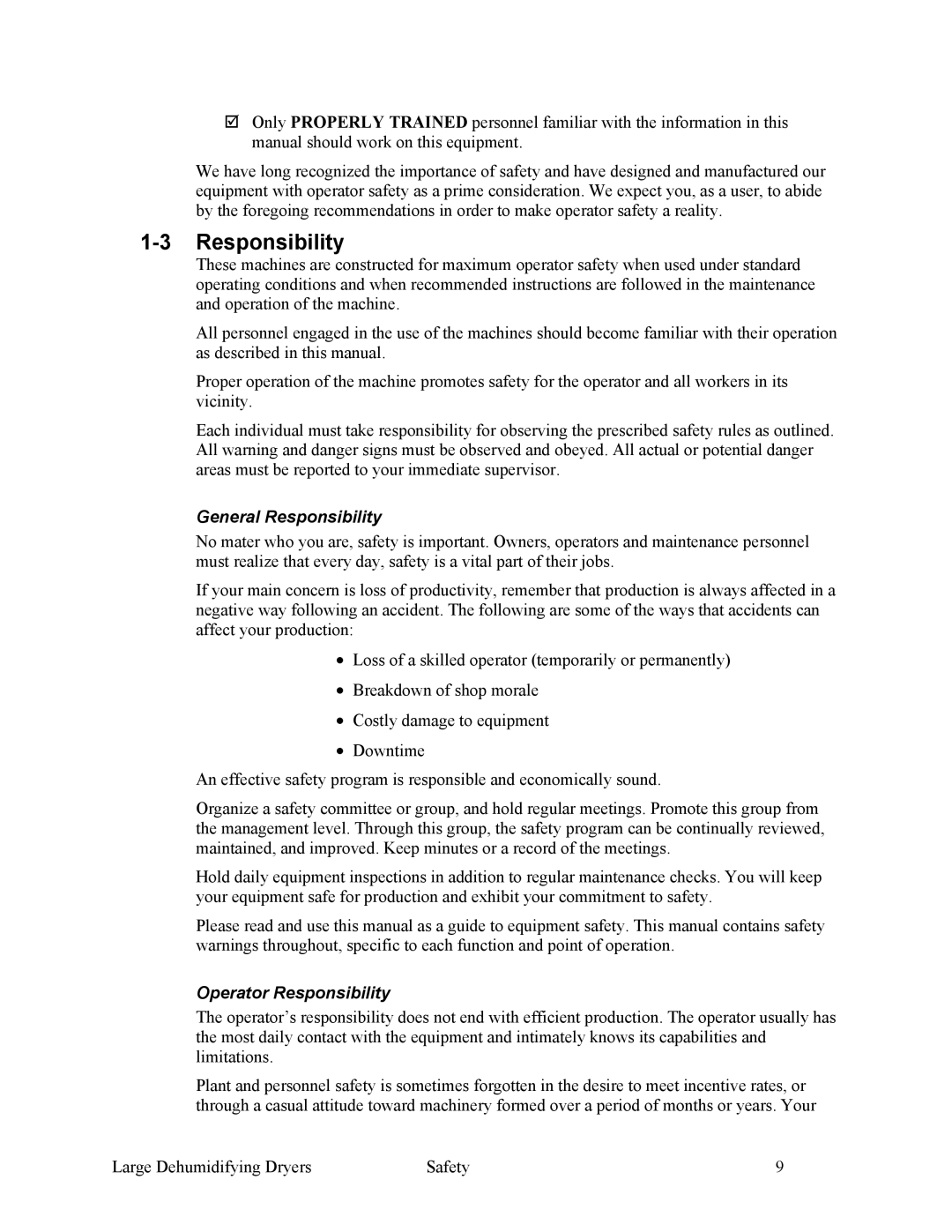 Sterling SDA 1000-5100 specifications General Responsibility, Operator Responsibility 