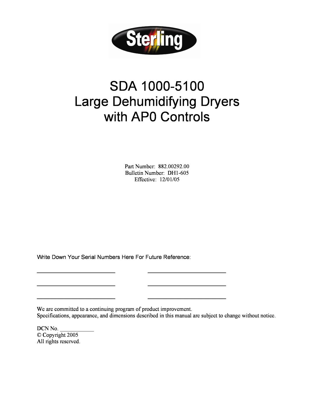 Sterling SDA 1000-5100 specifications SDA Large Dehumidifying Dryers with AP0 Controls 
