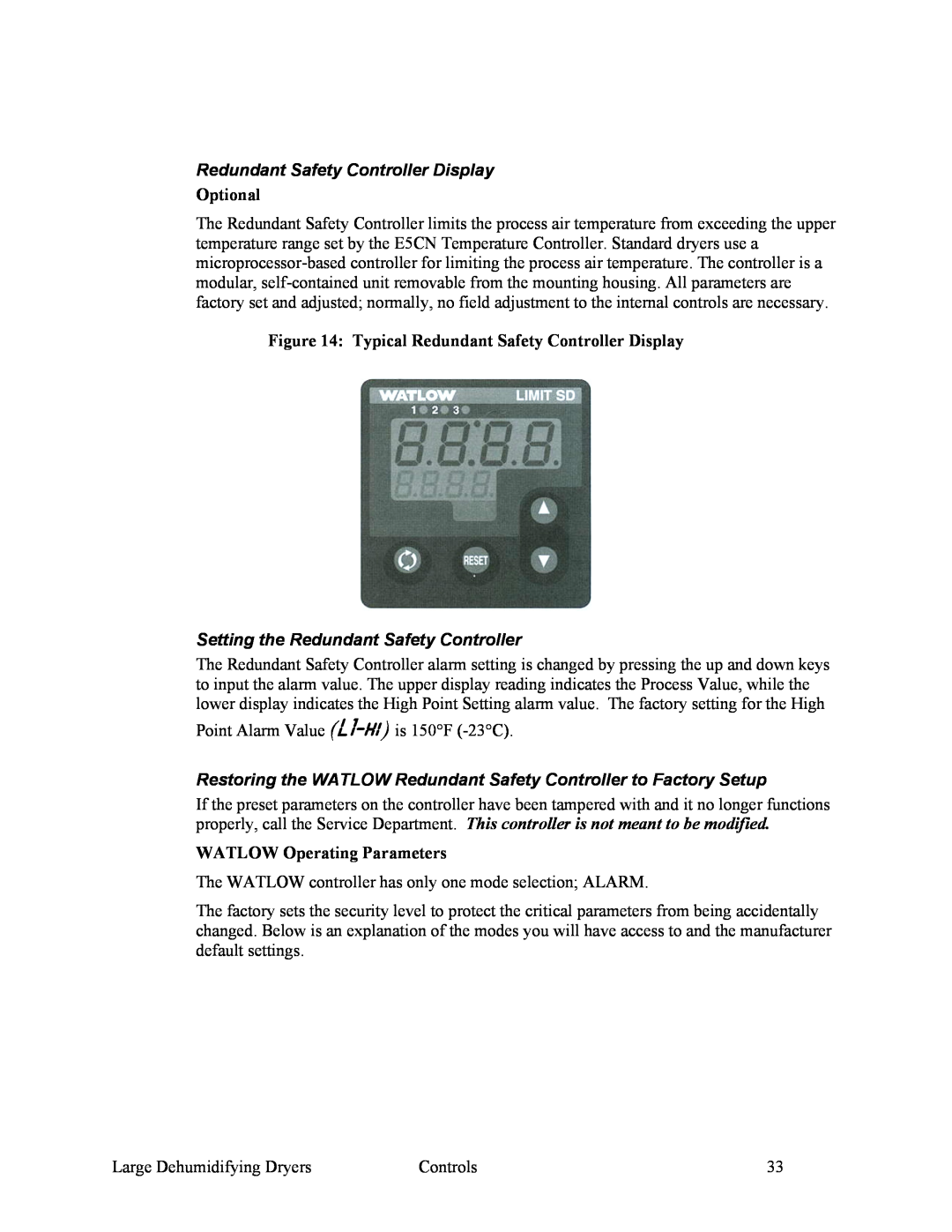 Sterling SDA 1000-5100 Redundant Safety Controller Display, Setting the Redundant Safety Controller, Optional 