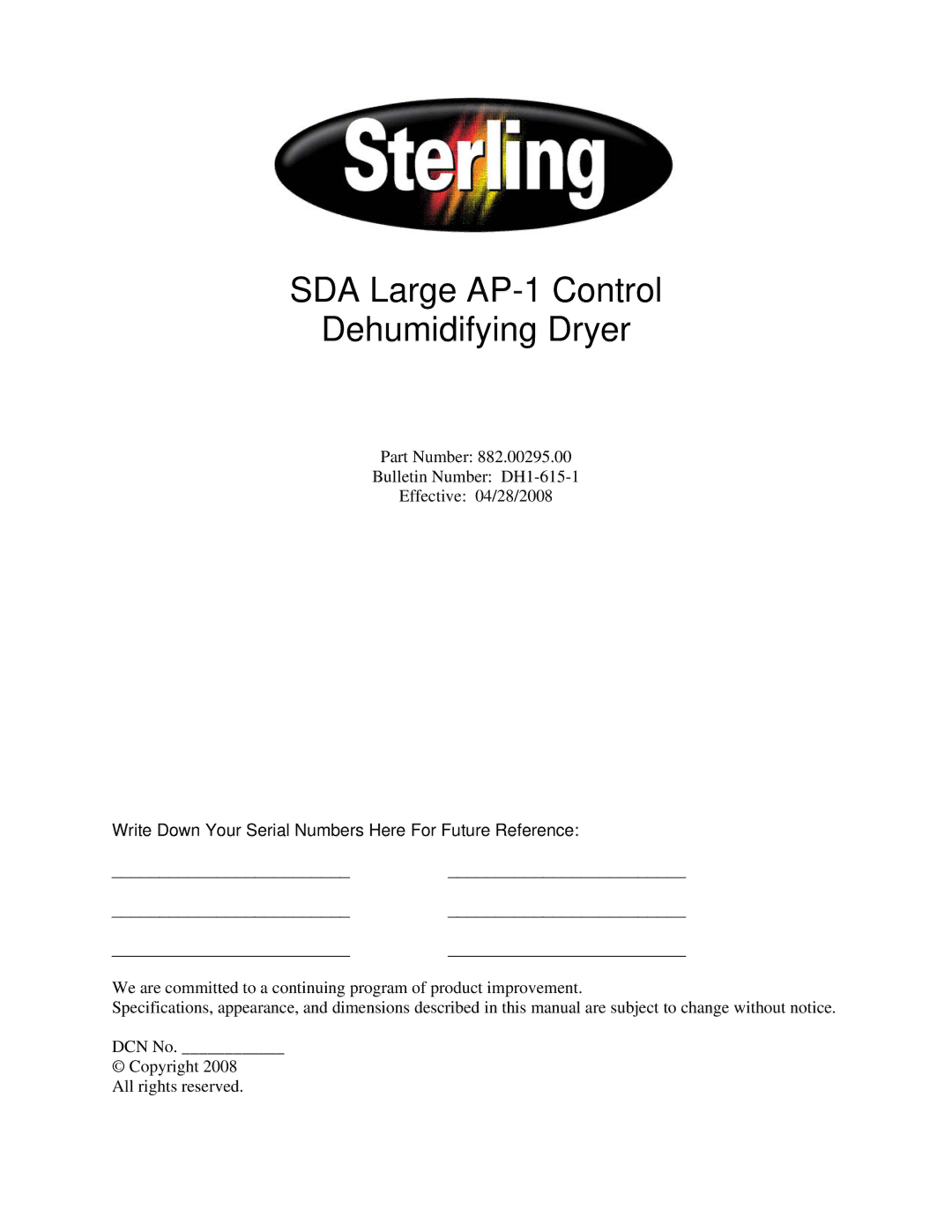 Sterling SDA AP-1 specifications SDA Large AP-1 Control Dehumidifying Dryer 