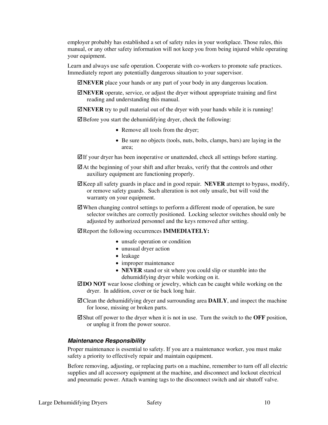 Sterling SDA AP-1 specifications Maintenance Responsibility 