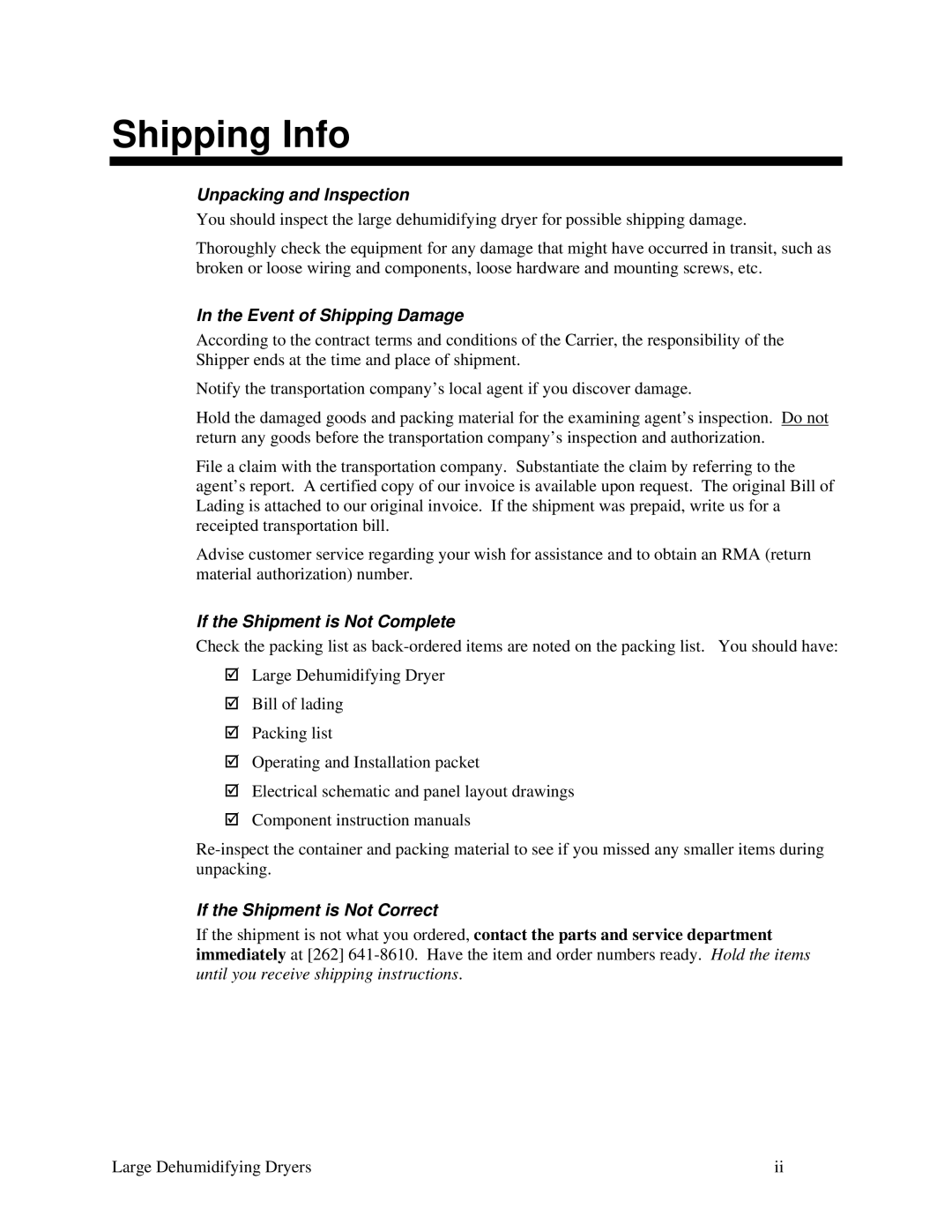 Sterling SDA AP-1 Shipping Info, Unpacking and Inspection, Event of Shipping Damage, If the Shipment is Not Complete 