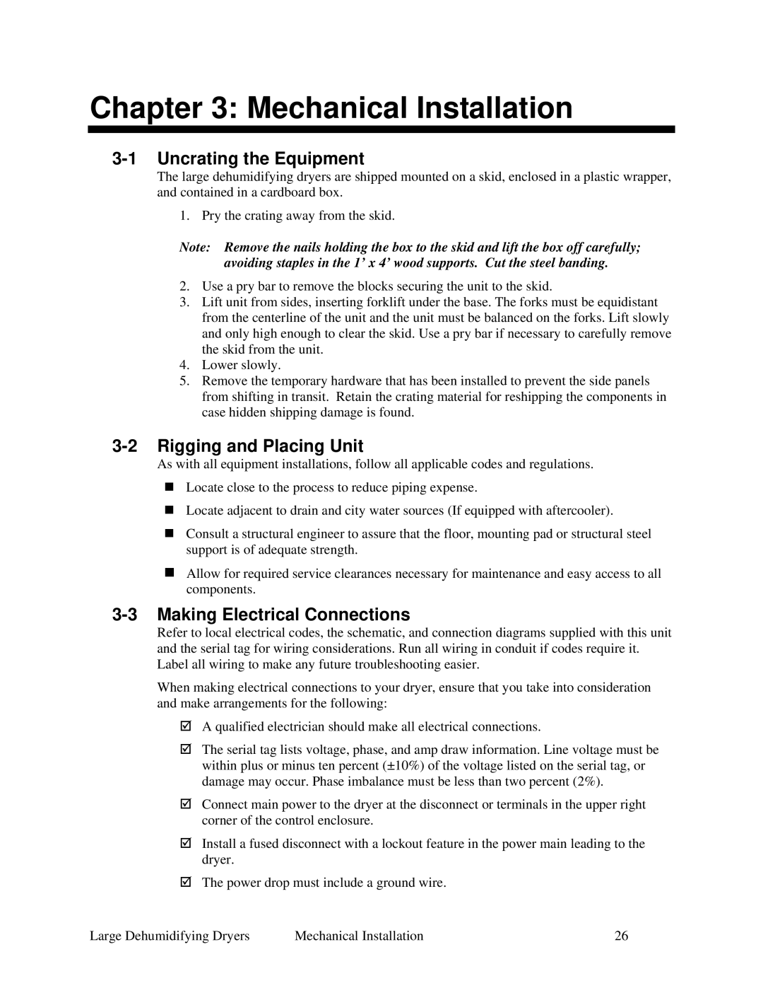 Sterling SDA AP-1 specifications Mechanical Installation, Uncrating the Equipment, Rigging and Placing Unit 