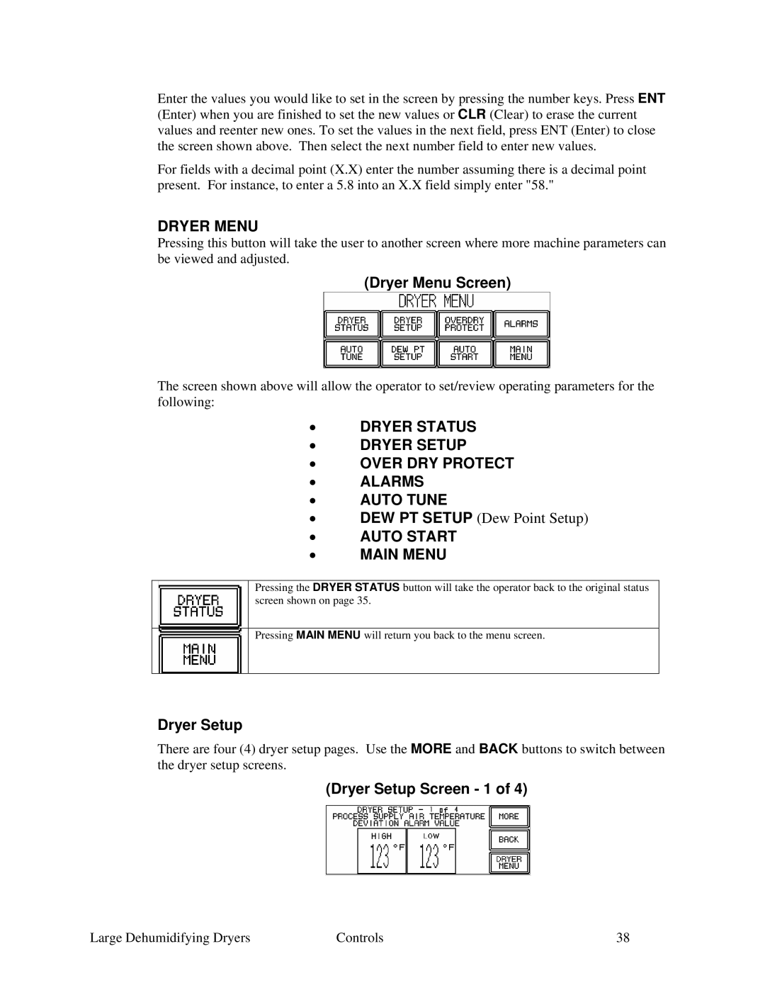 Sterling SDA AP-1 Dryer Menu, Dryer Status Dryer Setup Over DRY Protect Alarms Auto Tune, Auto Start Main Menu 