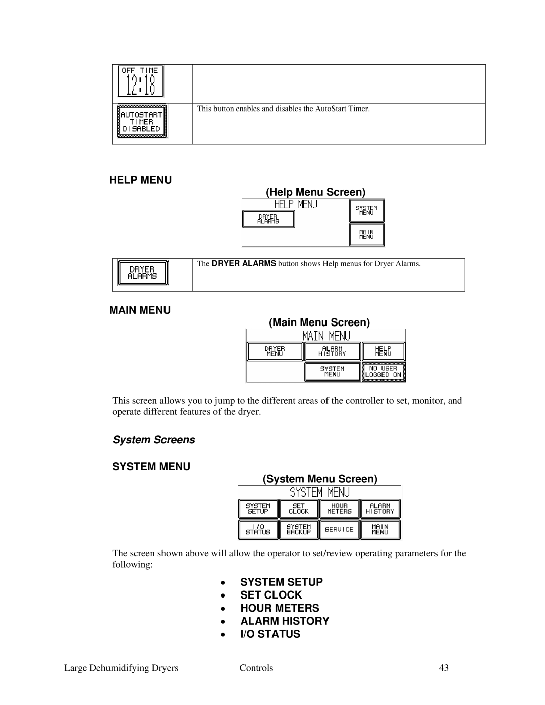 Sterling SDA AP-1 Help Menu Screen, System Menu Screen, System Setup SET Clock Hour Meters Alarm History Status 