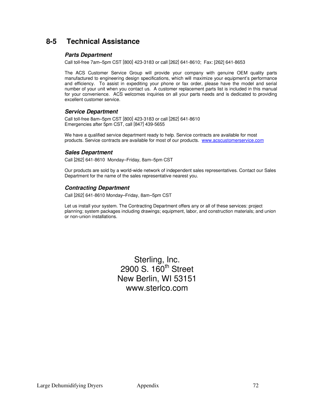 Sterling SDA AP-1 Technical Assistance, Parts Department, Service Department, Sales Department, Contracting Department 