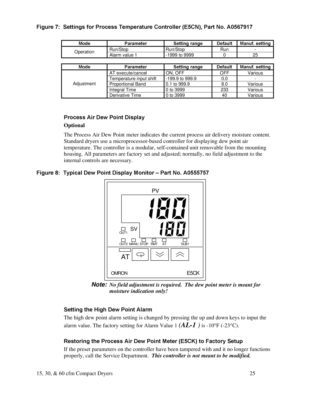 Sterling 60 cfm, SDA Series 25-100 15 cfm, 30 cfm Process Air Dew Point Display, Optional, Setting the High Dew Point Alarm 