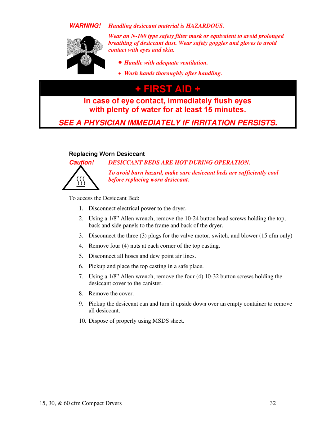 Sterling 30 cfm, SDA Series 25-100 15 cfm, 60 cfm specifications + First AID +, Replacing Worn Desiccant 