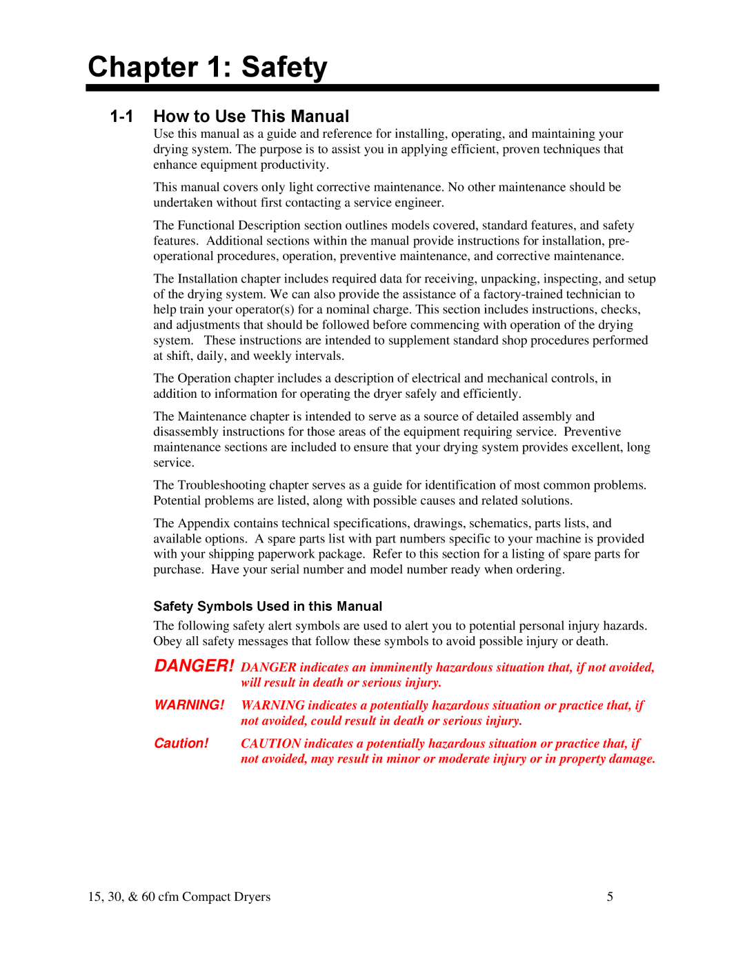 Sterling 30 cfm, SDA Series 25-100 15 cfm, 60 cfm How to Use This Manual, Safety Symbols Used in this Manual 