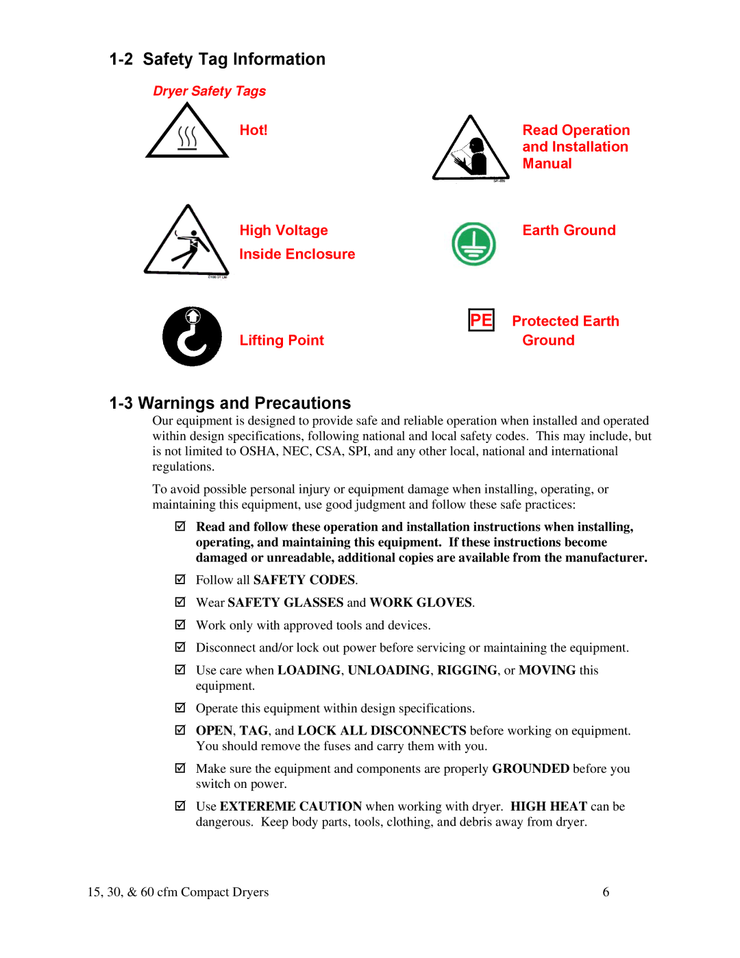 Sterling SDA Series 25-100 15 cfm, 60 cfm, 30 cfm specifications Safety Tag Information, Wear Safety Glasses and Work Gloves 